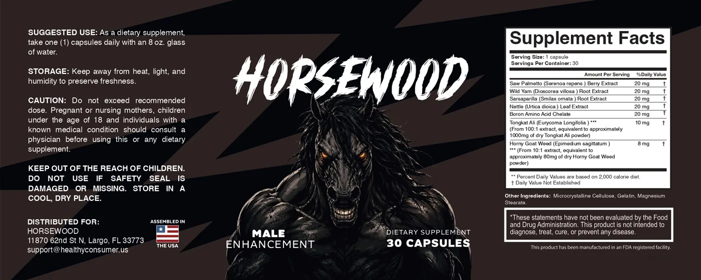 Horsewood Supplement Facts label showing all seven ingredients and their exact doses per capsule